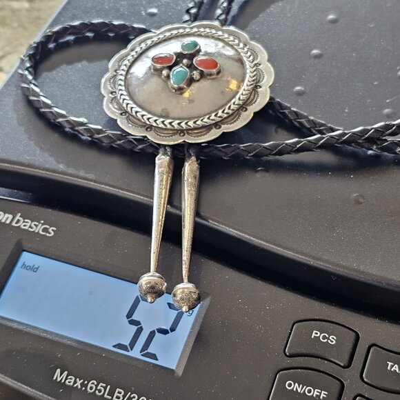Navajo Turquoise And Coral Sterling Silver Bolo Tie Native American Vintage - Picture 11 of 11